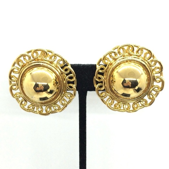 VINTAGE 80S CHAIN LINK GOLD TONE ROUND CLIP ON EARRINGS STATEMENT DOMED LARGE - Picture 3 of 14